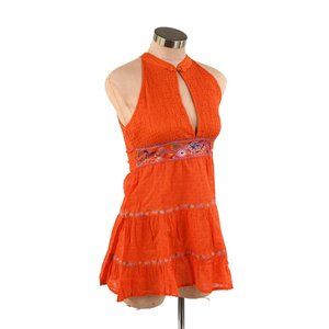 Free People Red Swiss Dot High Collar Embroidered Floral Tank Top
